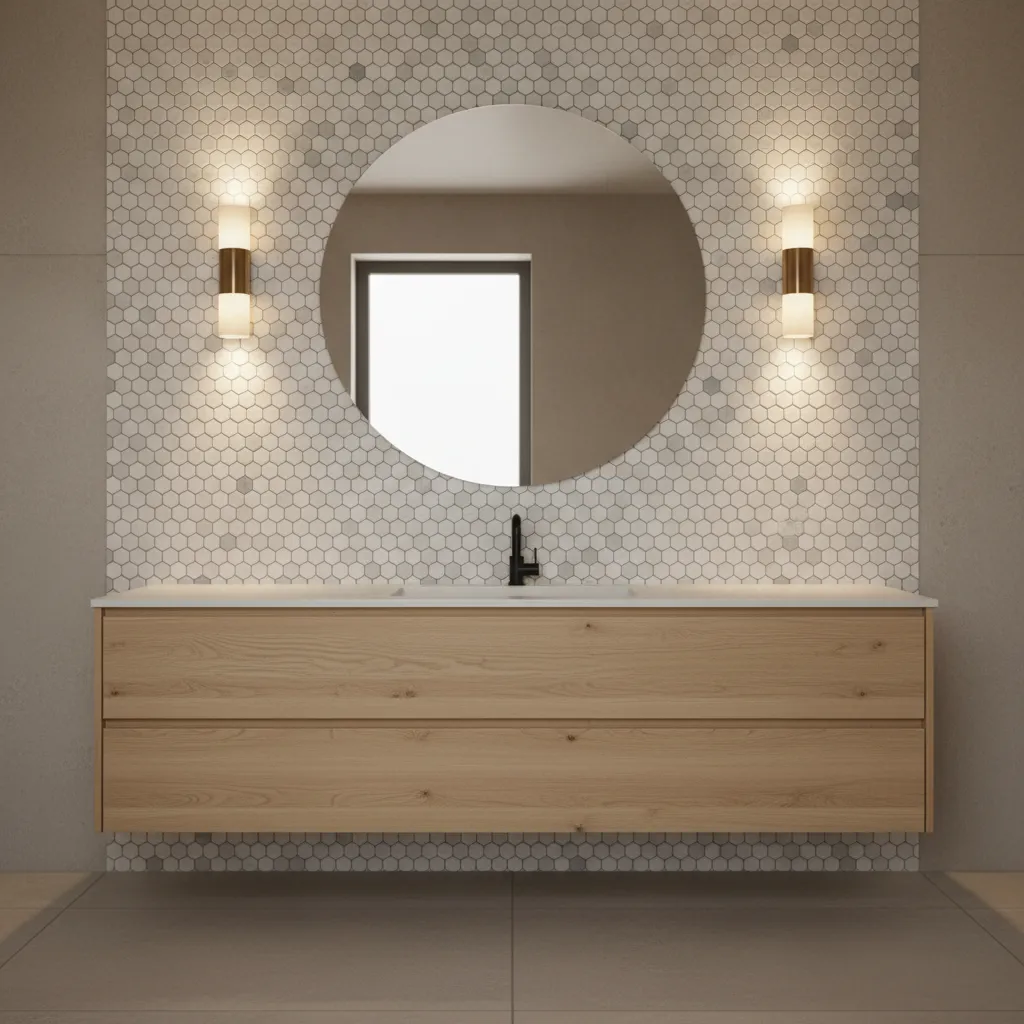 Bathroom vanity with bubble tile backsplash and mirror lighting