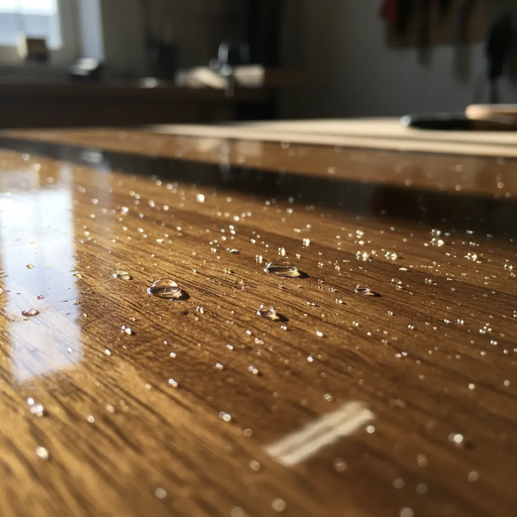 Close-up of bubbles forming in polyurethane finish on wood table