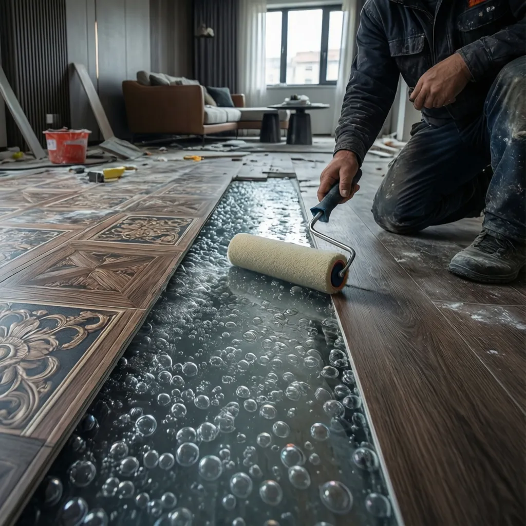 air bubbles trapped under decorative 3D floor wallpaper after installation