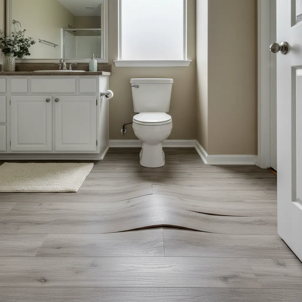 buckled floating laminate floor in bathroom due to moisture damage