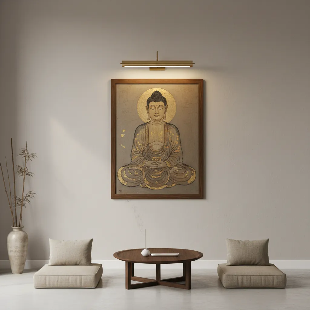 Framed Buddha wall art illuminated by a picture light