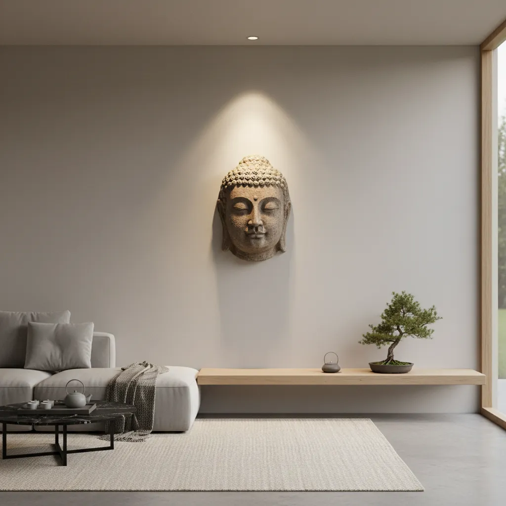 Buddha wall art illuminated by angled accent lighting showing soft shadows and depth