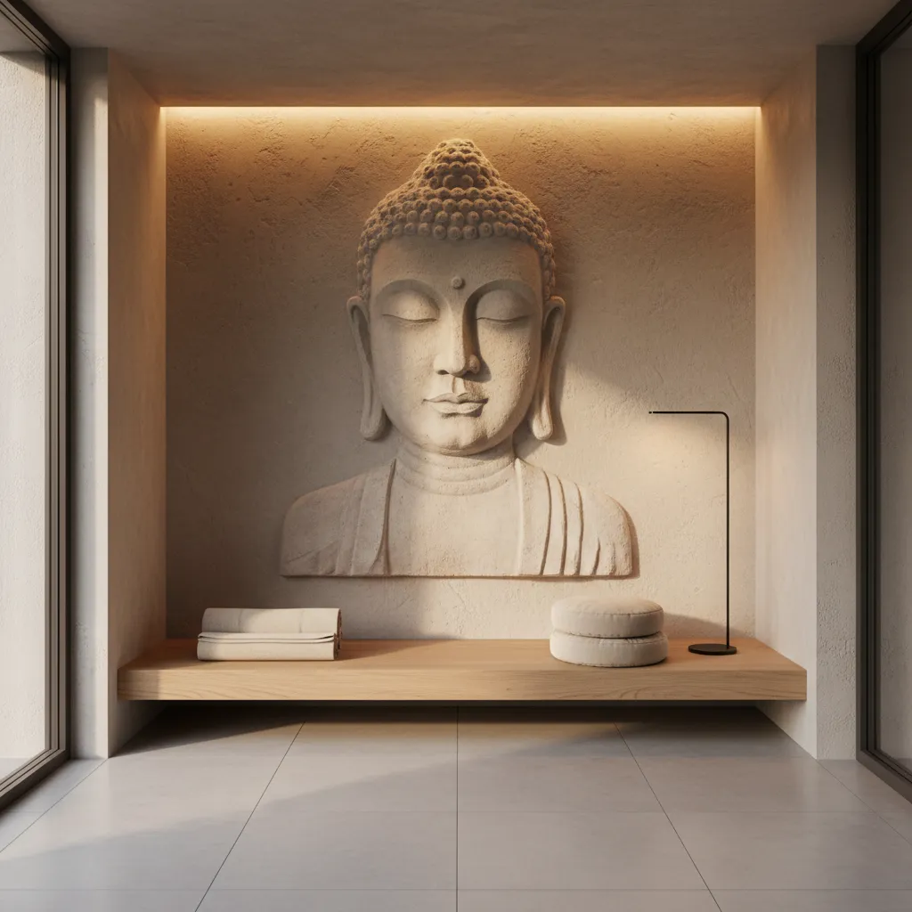 Buddha wall sculpture illuminated by warm accent lighting in a modern meditation corner