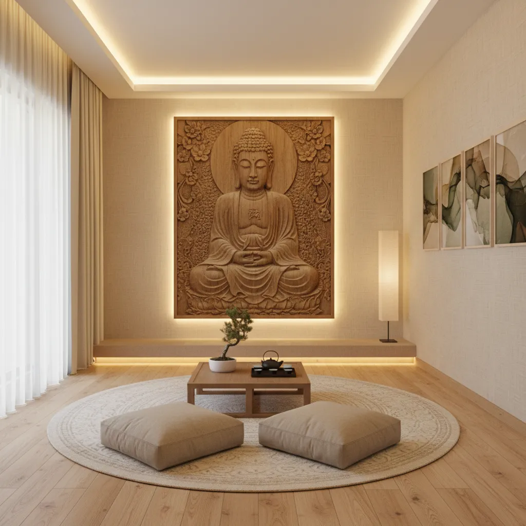 Buddha wall sculpture illuminated in a peaceful meditation room
