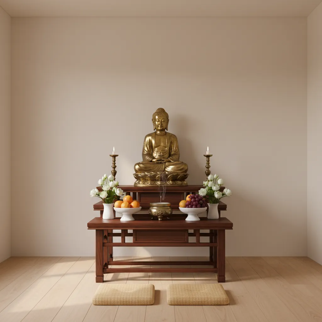 Buddhist style home altar with Buddha statue candles and incense