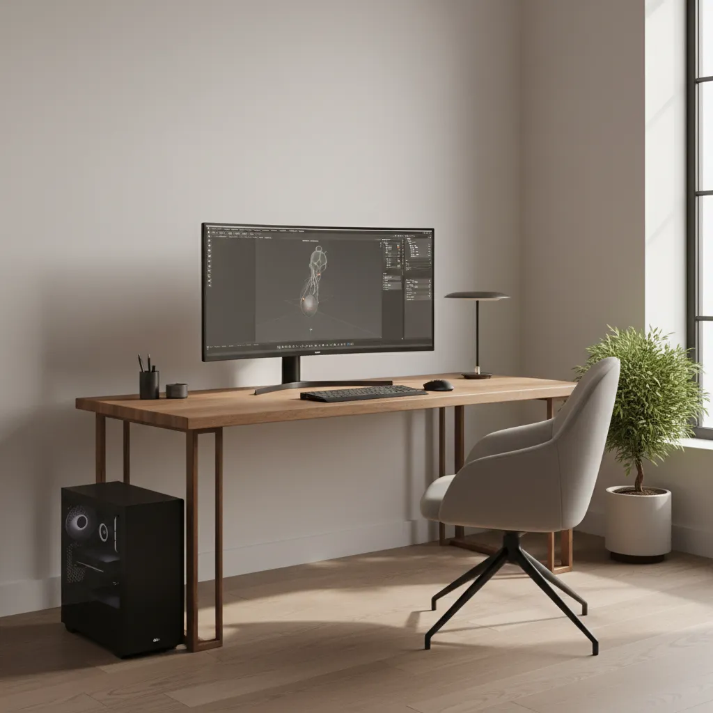 Clean desk setup with desktop PC used for 3D rendering work