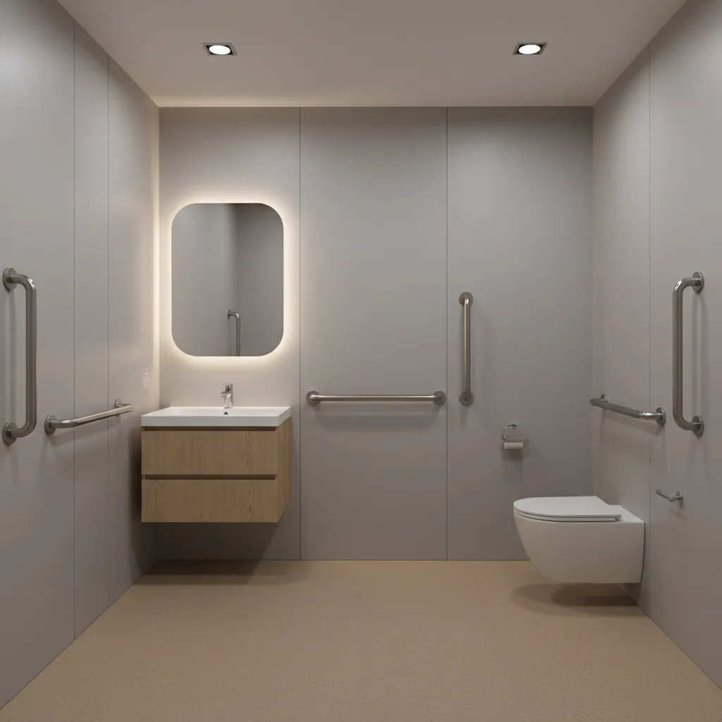 Accessible bathroom using simple wall panels and safety flooring for cost savings