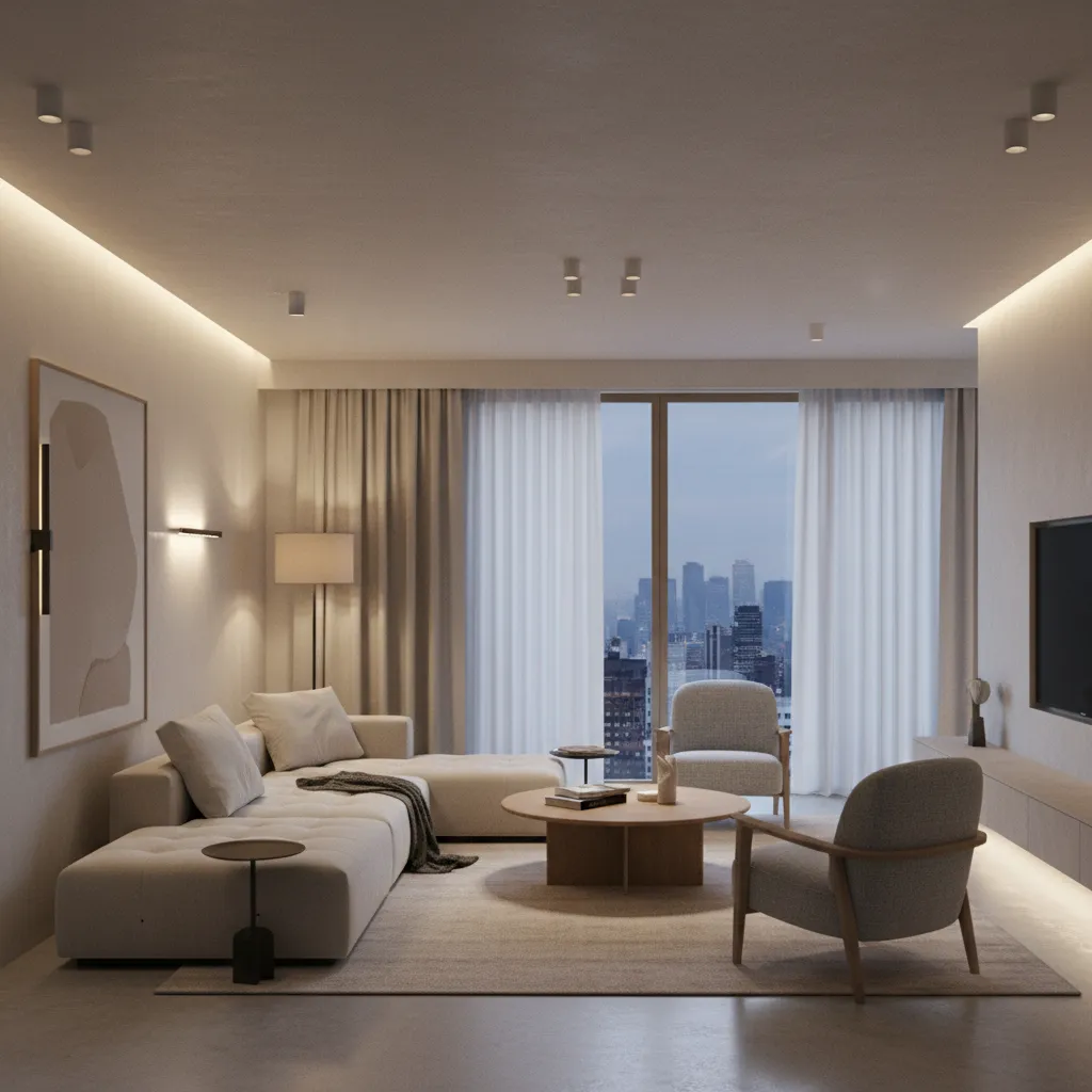 Layered lighting in a modern apartment living room creating warm ambience