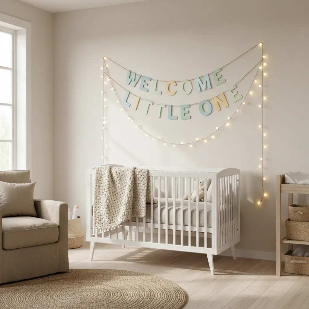 budget friendly baby welcome decoration with string lights and banner