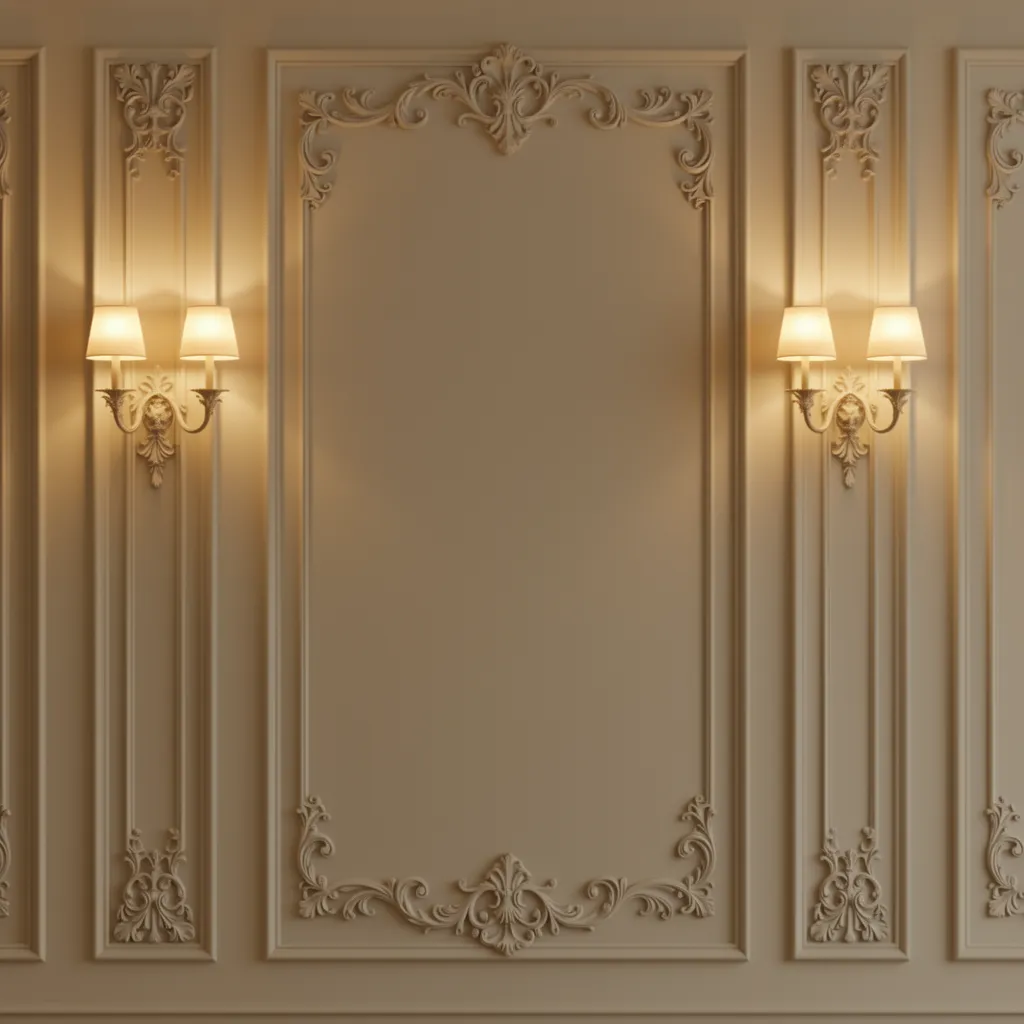 Warm lighting highlighting baroque wall moldings and decorative textures