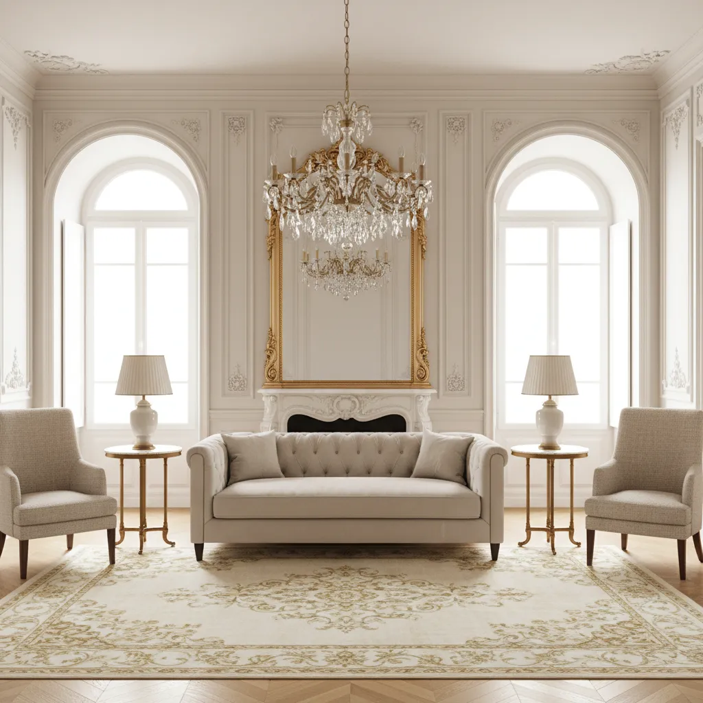 Budget friendly Baroque inspired living room with neutral palette and gold accents