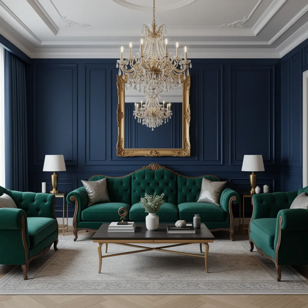 budget baroque style living room with velvet sofa gold mirror and chandelier