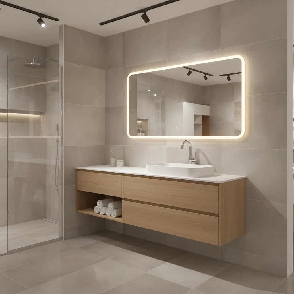 Mid range bathroom vanity and fixtures displayed in a home improvement store showroom