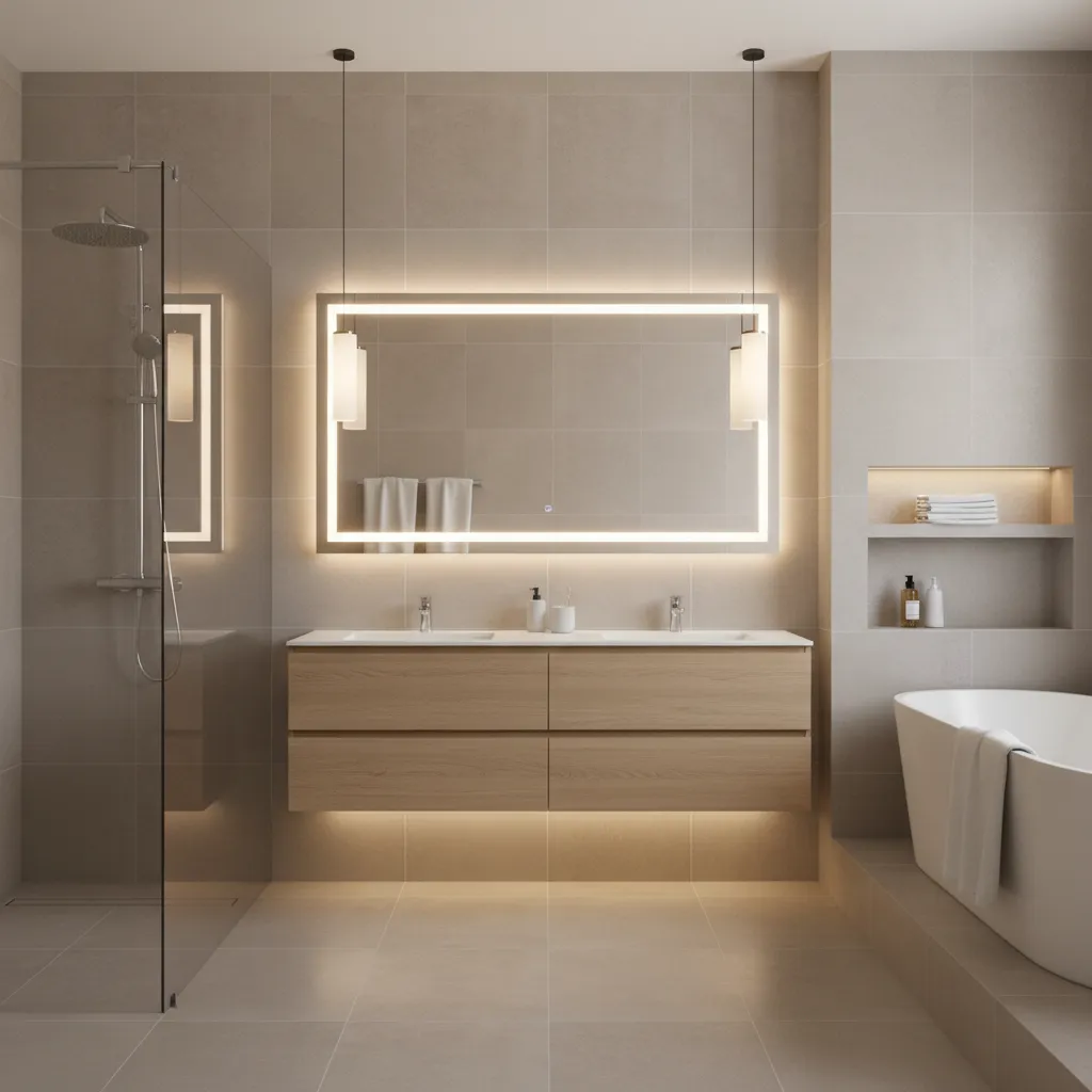 budget bathroom with LED mirror lighting and neutral tiles