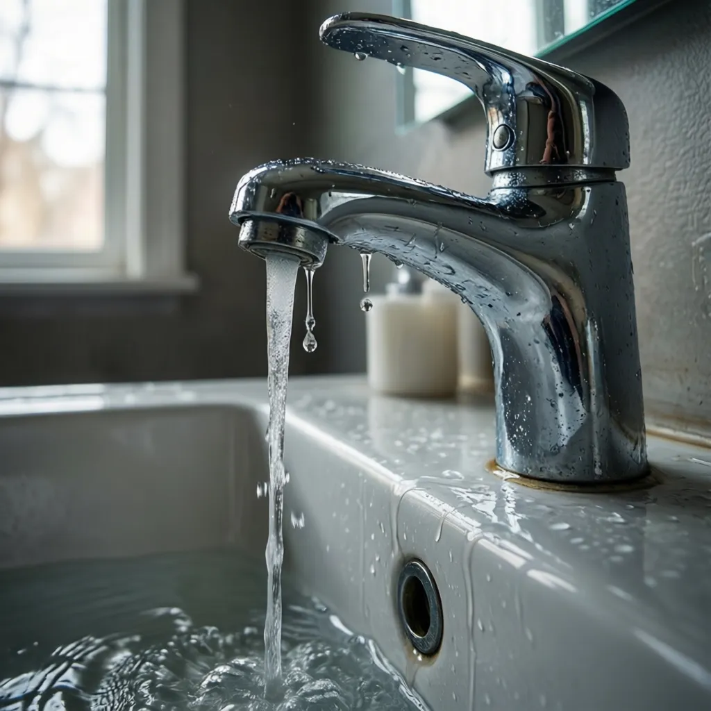 Close view of a leaking bathroom tap in a budget bathroom setup