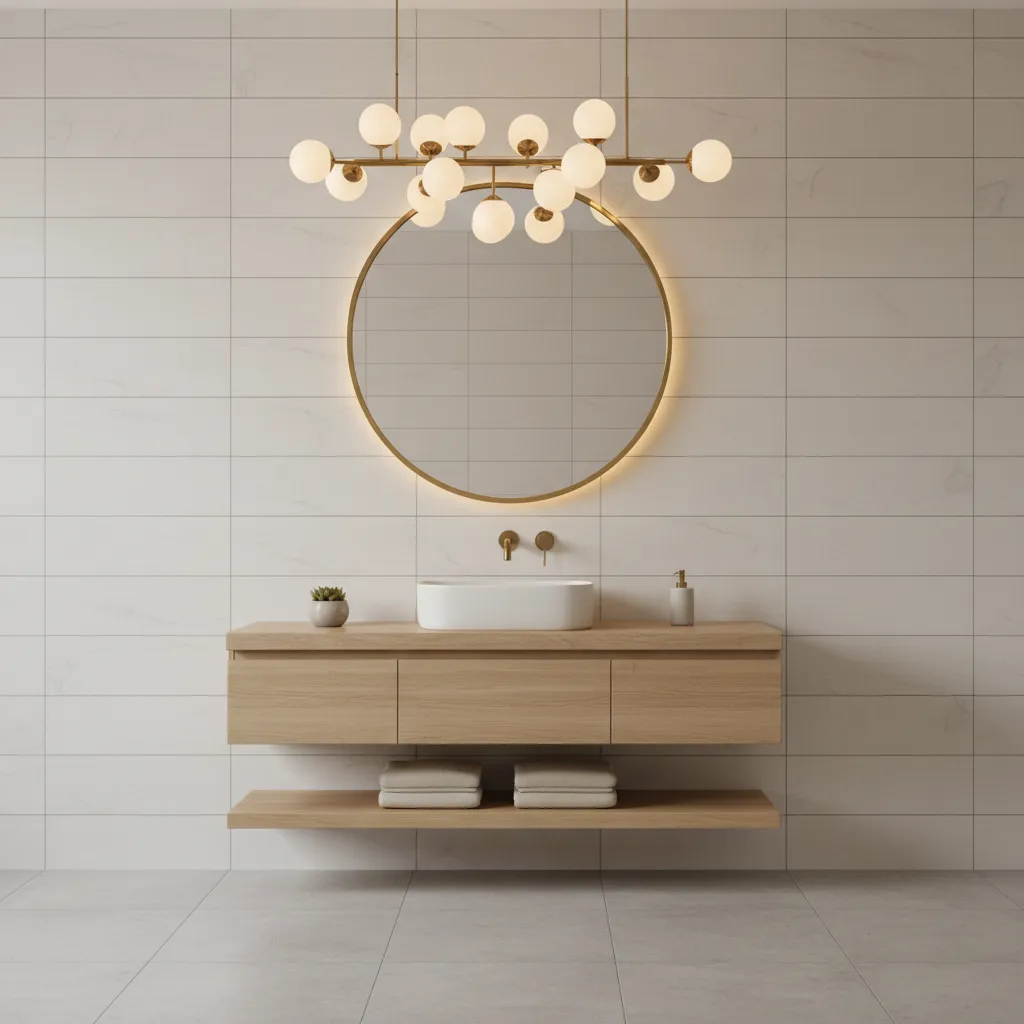 Bathroom with budget tiles and a premium mirror and lighting fixture