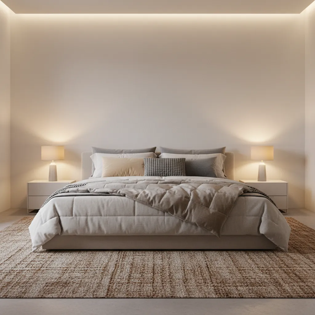 bedroom showing layered bedding rug and warm lighting design