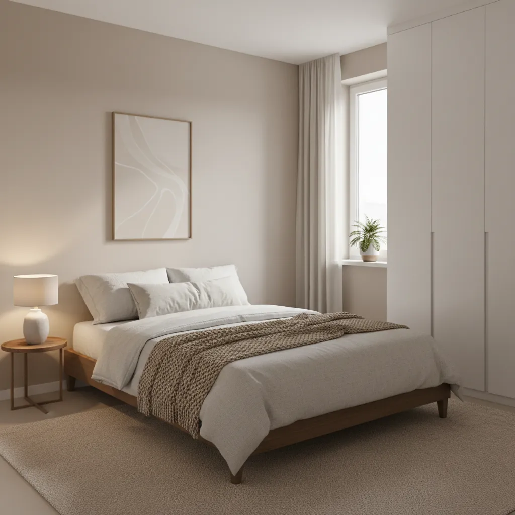 neutral tone budget bedroom with simple decor and cozy bedding