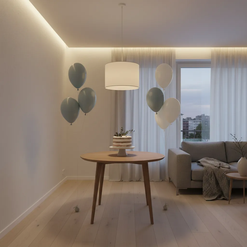 Round wooden table with birthday cake plus blue balloons near grey sofa and white curtains