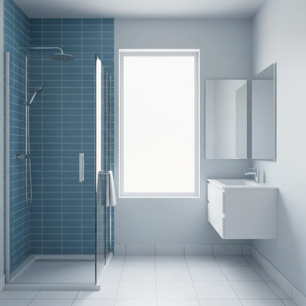 Small budget friendly bathroom with blue subway tile and painted walls