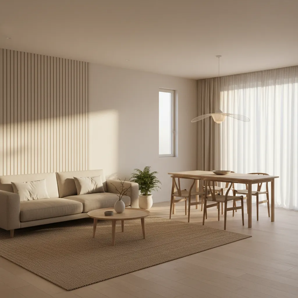 finished bungalow interior with simple furniture soft lighting and cohesive color palette
