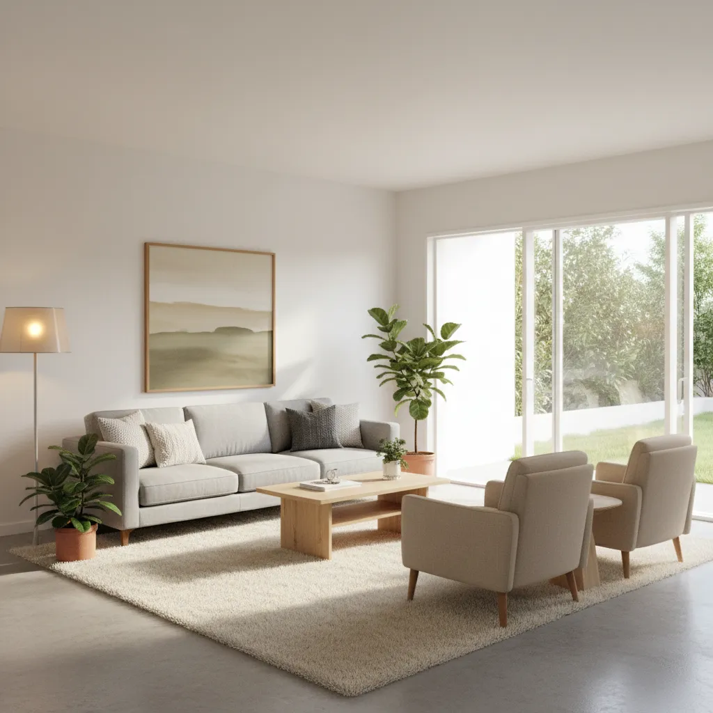 improved bungalow interior with rug lighting and simplified decor