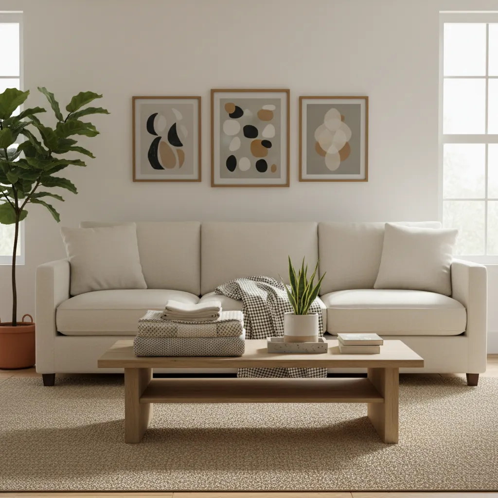 Affordable decor substitutes like faux plants textured throws and printed wall art