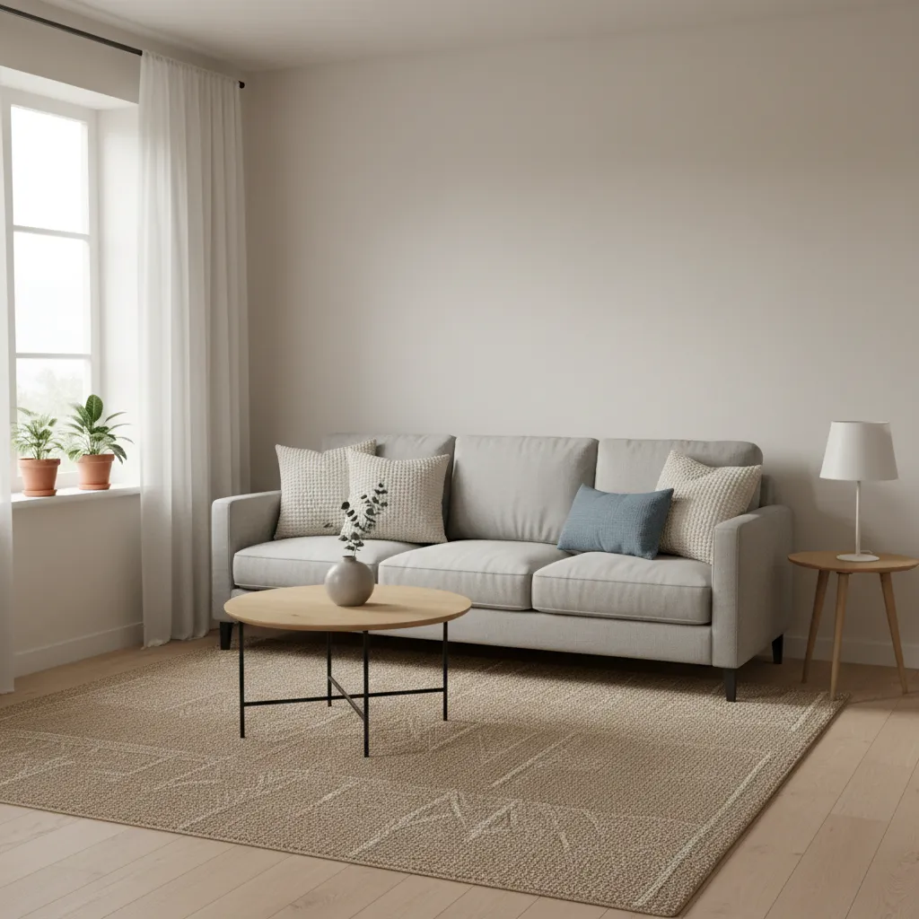 Budget styled living room showing affordable decor pieces and simple furniture layout