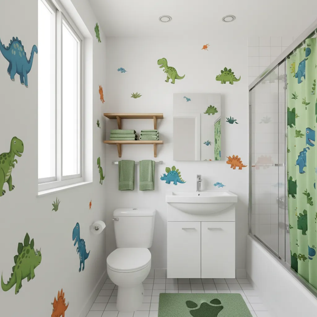 simple kids bathroom with dinosaur decals and green accessories