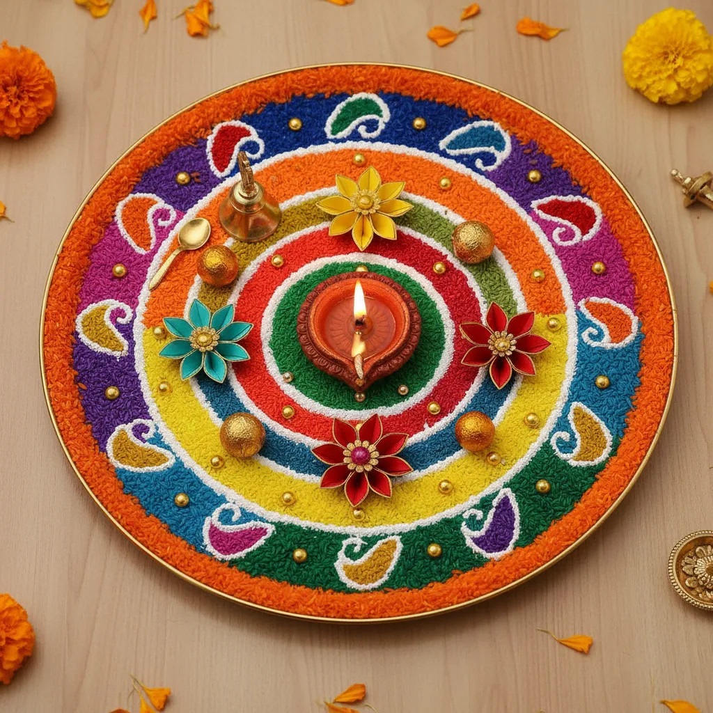 DIY Diwali pooja thali decorated with colored rice and simple diya