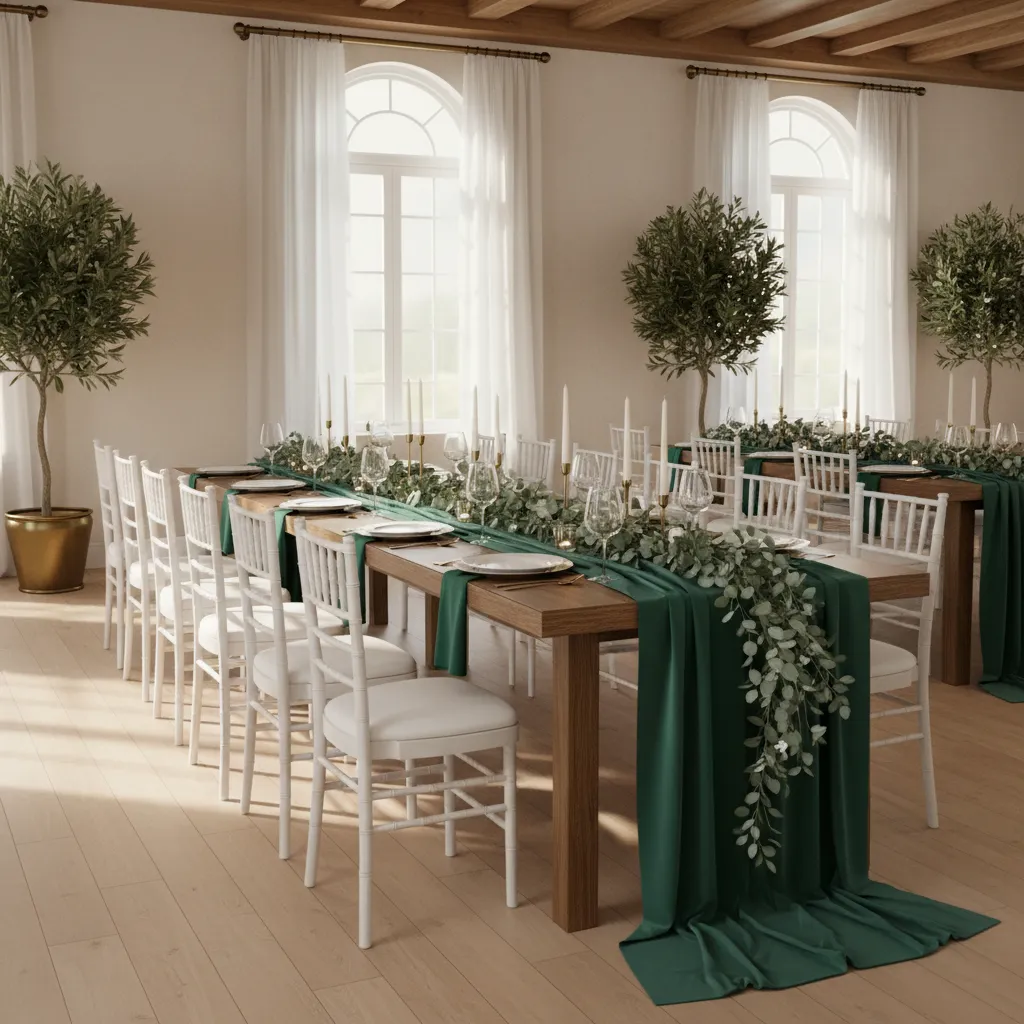 Affordable emerald themed event decor with greenery and candles