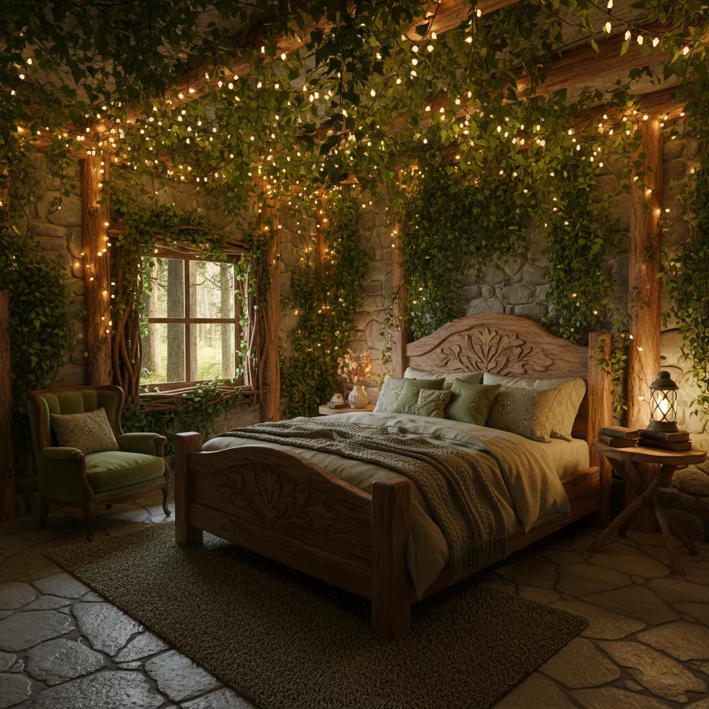 small enchanted forest bedroom with vines fairy lights and wood textures