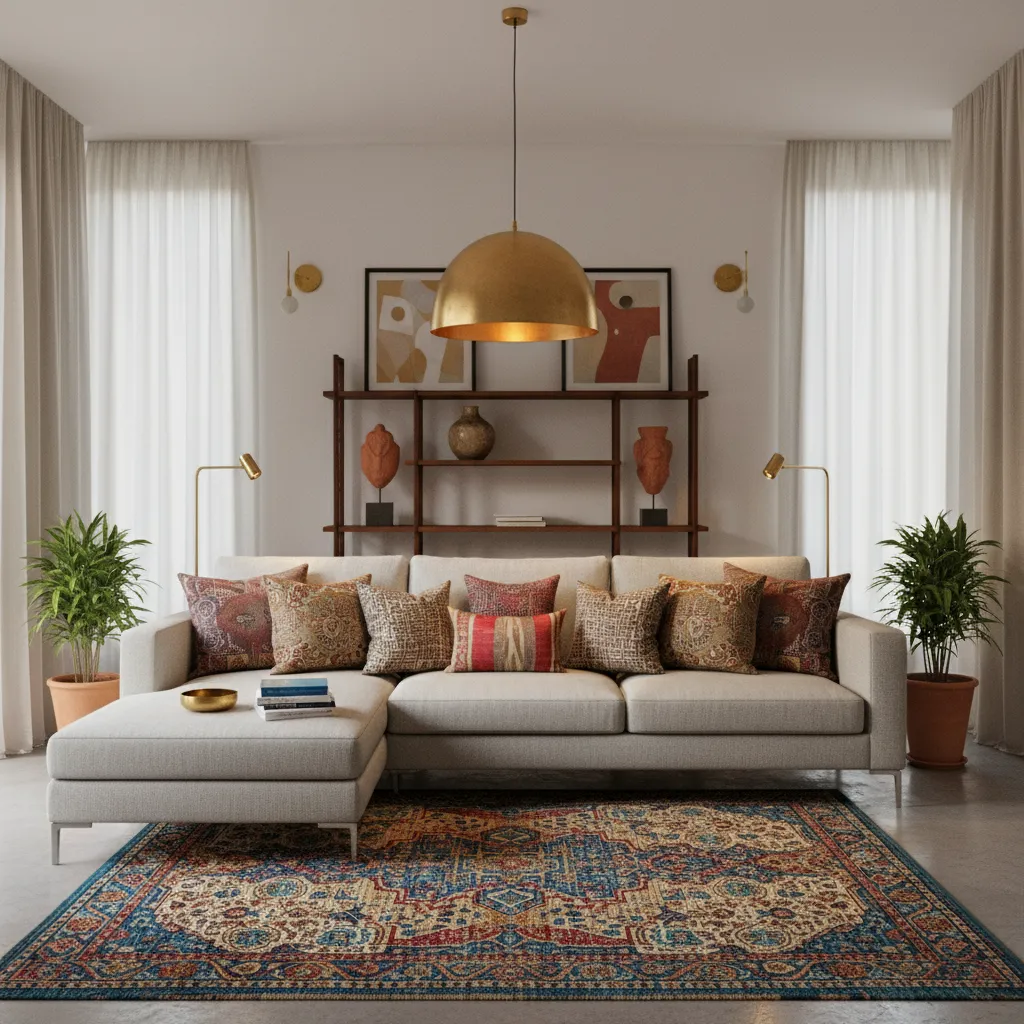 Affordable Indian inspired living room decor with layered textiles and modern furniture