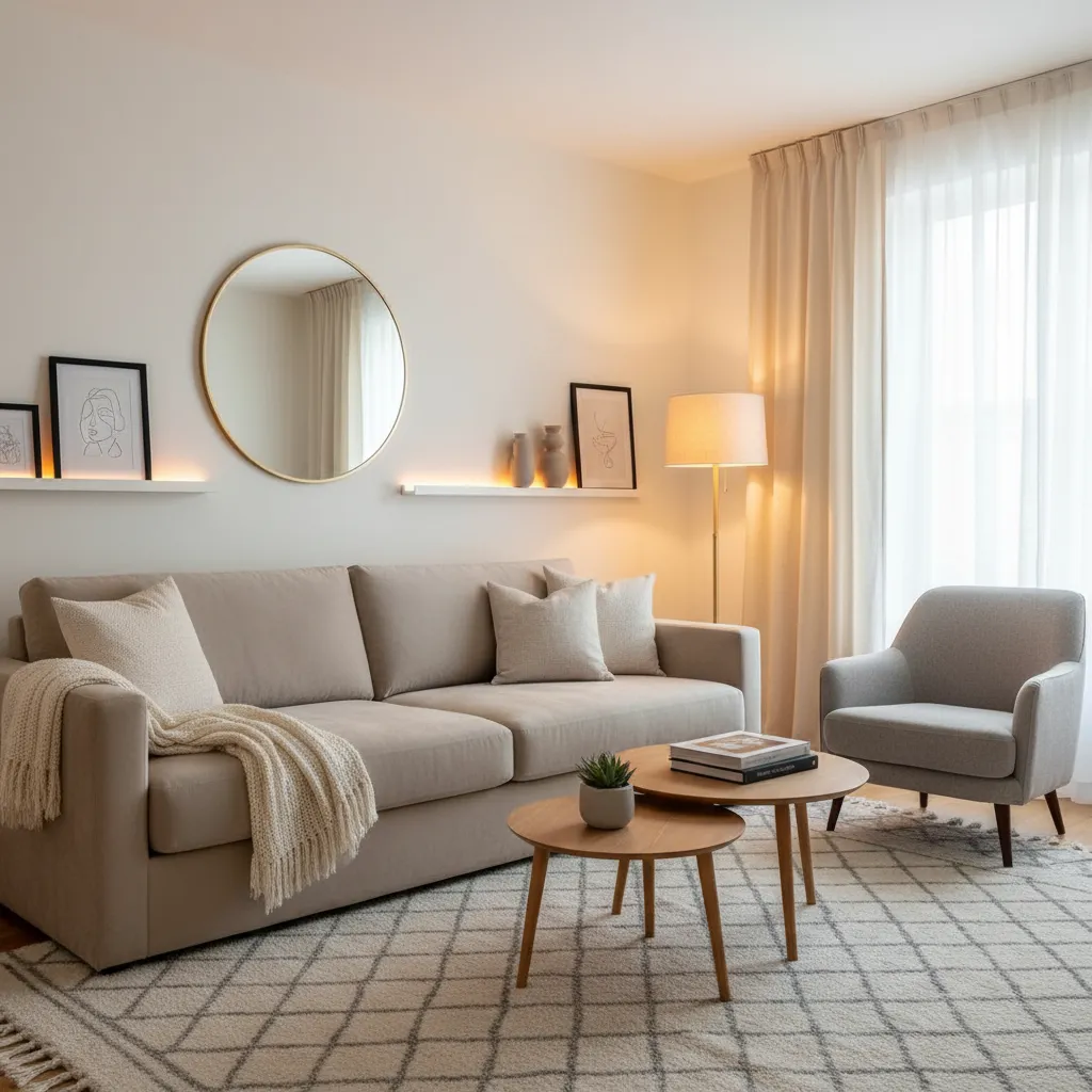 Cozy living room featuring beige sofa grey chair round mirror floor lamp and patterned rug