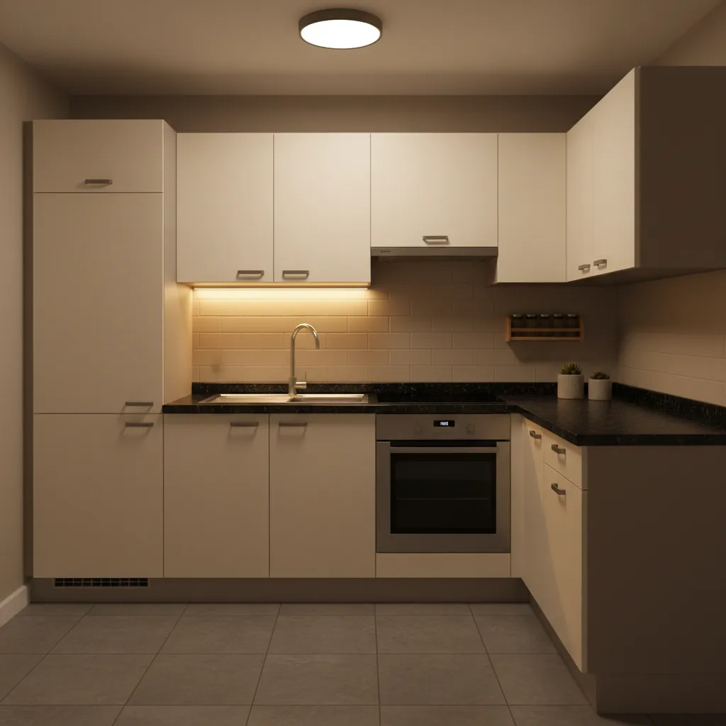 Budget friendly modular kitchen with laminate cabinets and granite countertop