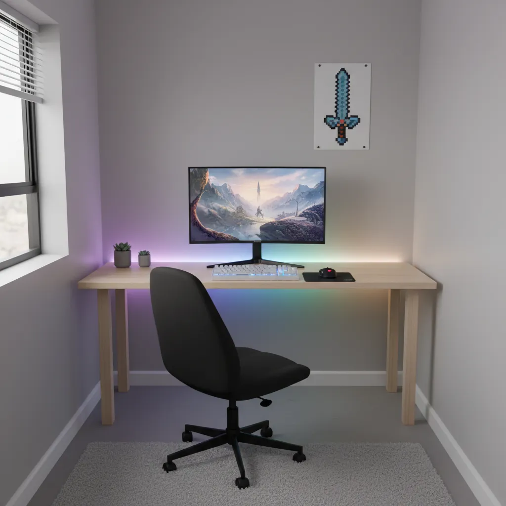 Simple budget gaming room with basic desk single monitor and LED strip lighting