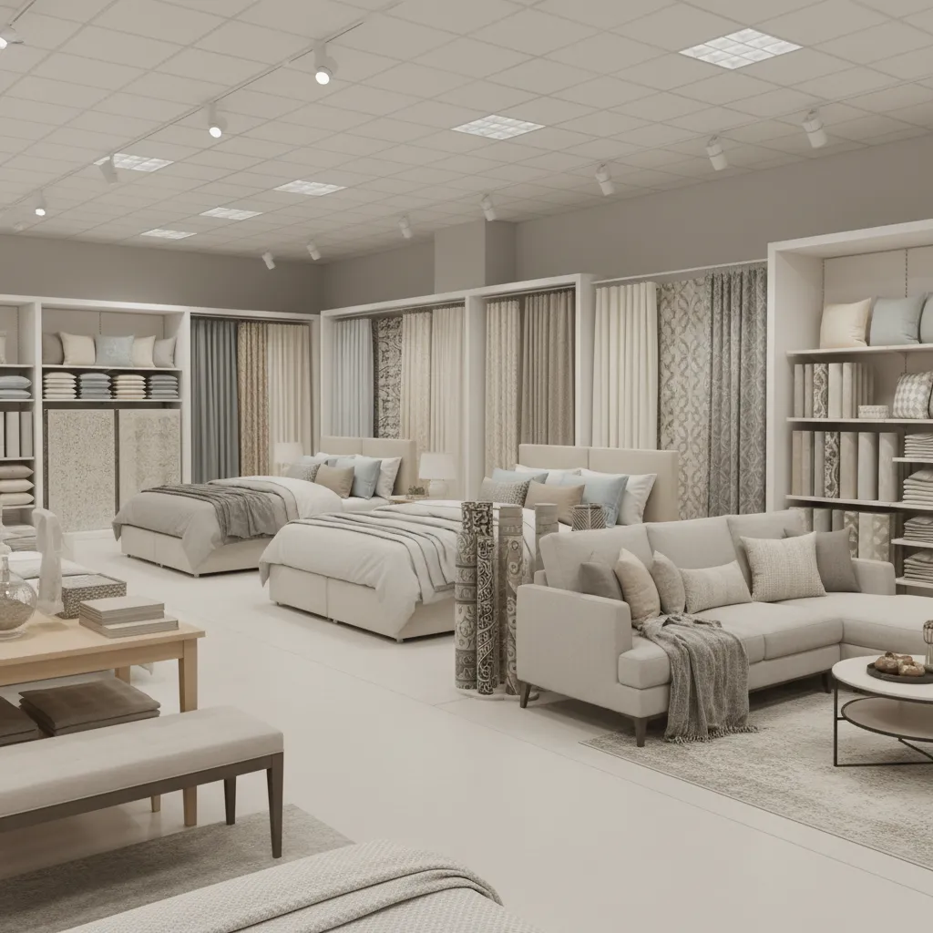 Interior of a budget home decor retail store with bedding and decorative accessories