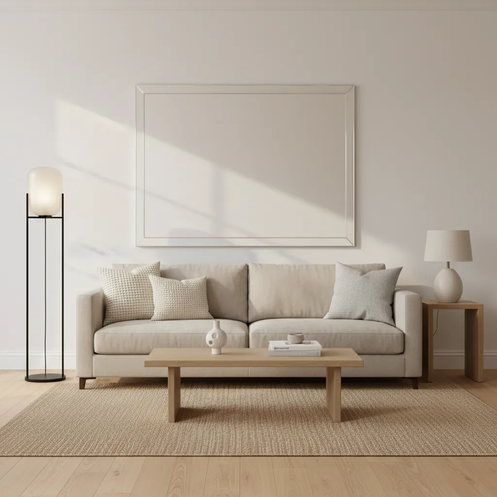 living room with mirror and layered lighting used in budget home staging