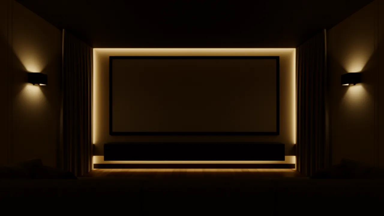 Small home theatre with LED strip lighting and dark walls