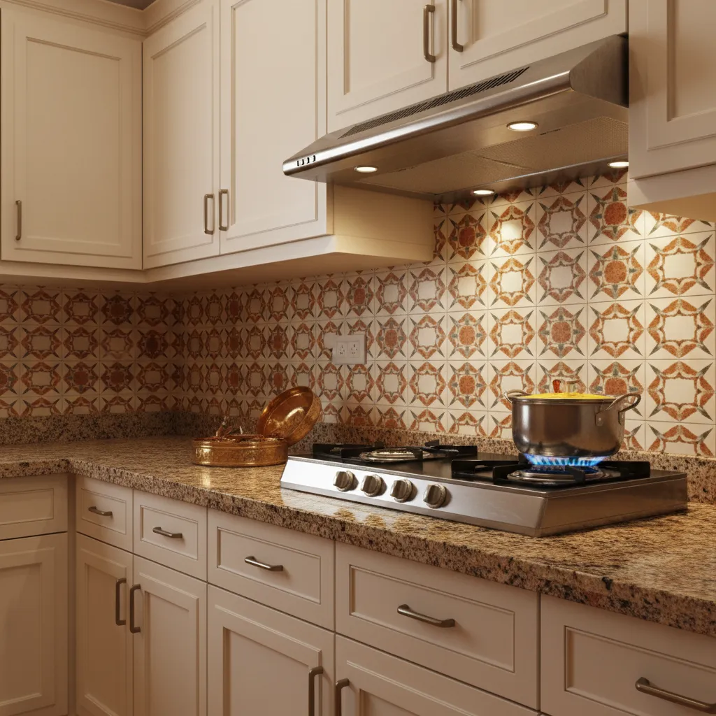 budget Indian kitchen with granite countertop and tile backsplash