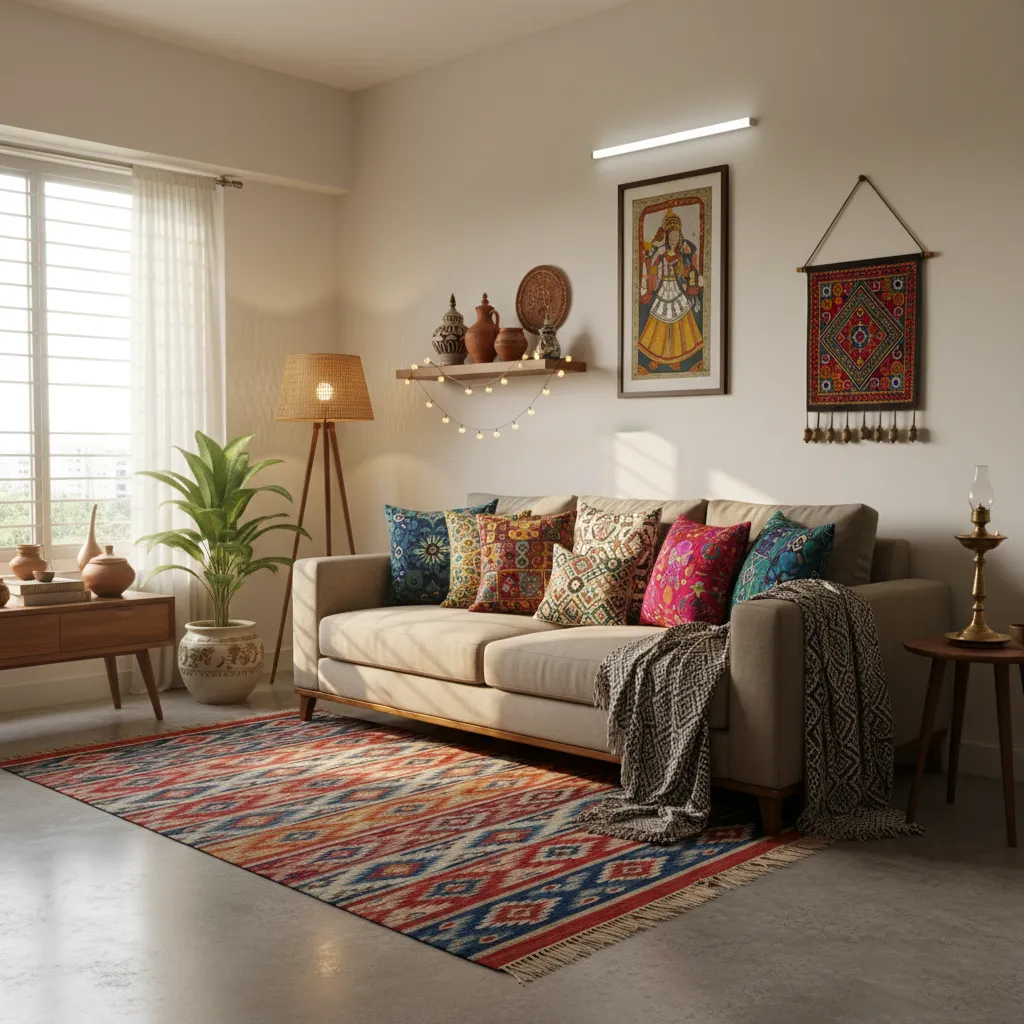 Indian living room with layered cushions rugs and textiles creating rich decor on a budget
