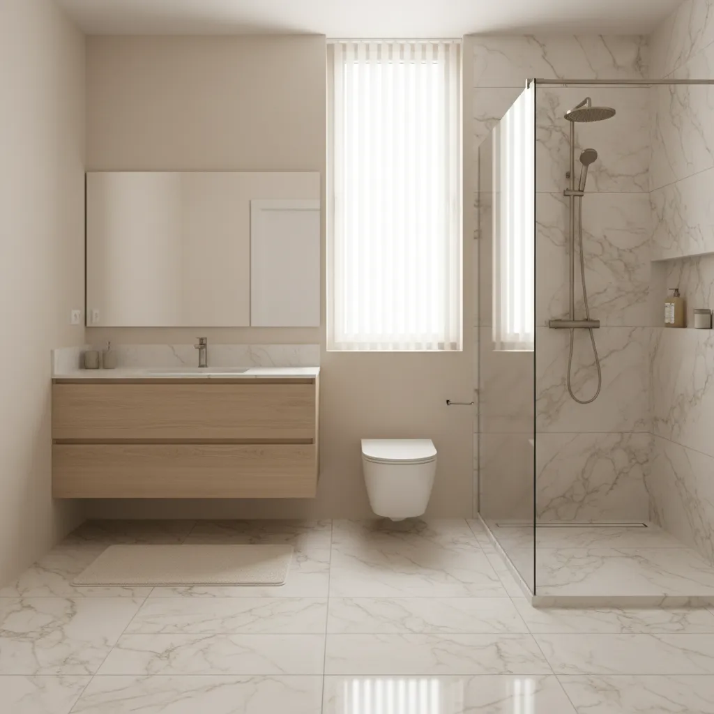 Affordable ivory bathroom using porcelain tile and quartz countertop