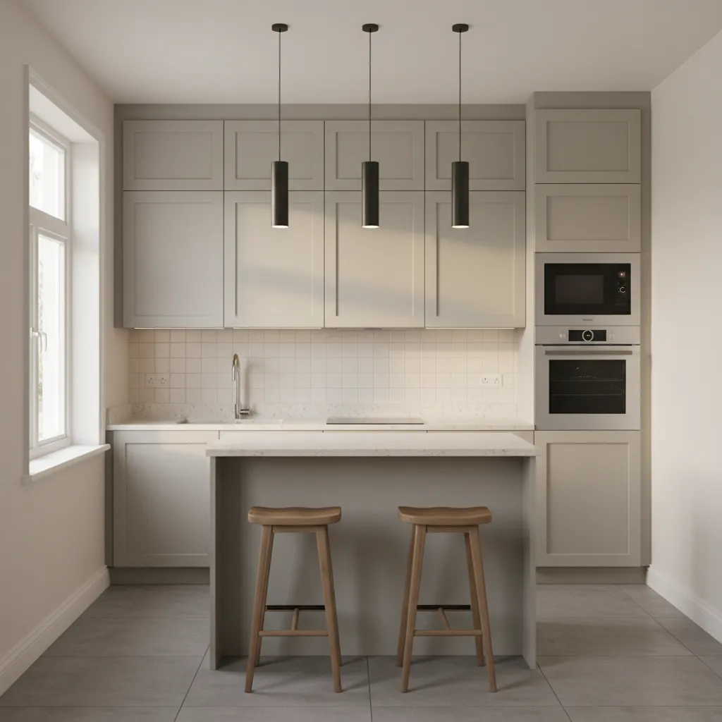 Simple kitchen with painted cabinets and updated lighting showing a budget-friendly renovation