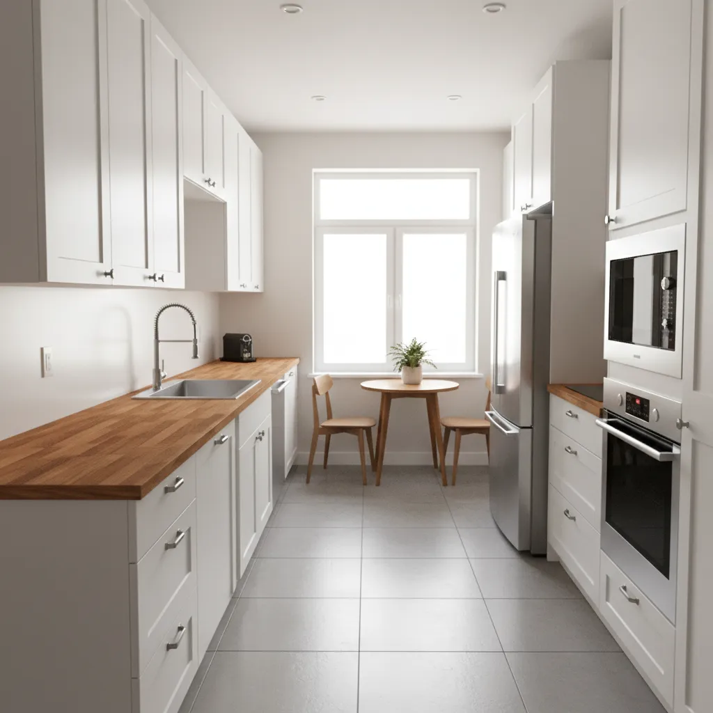 small kitchen with butcher block countertops and white cabinets