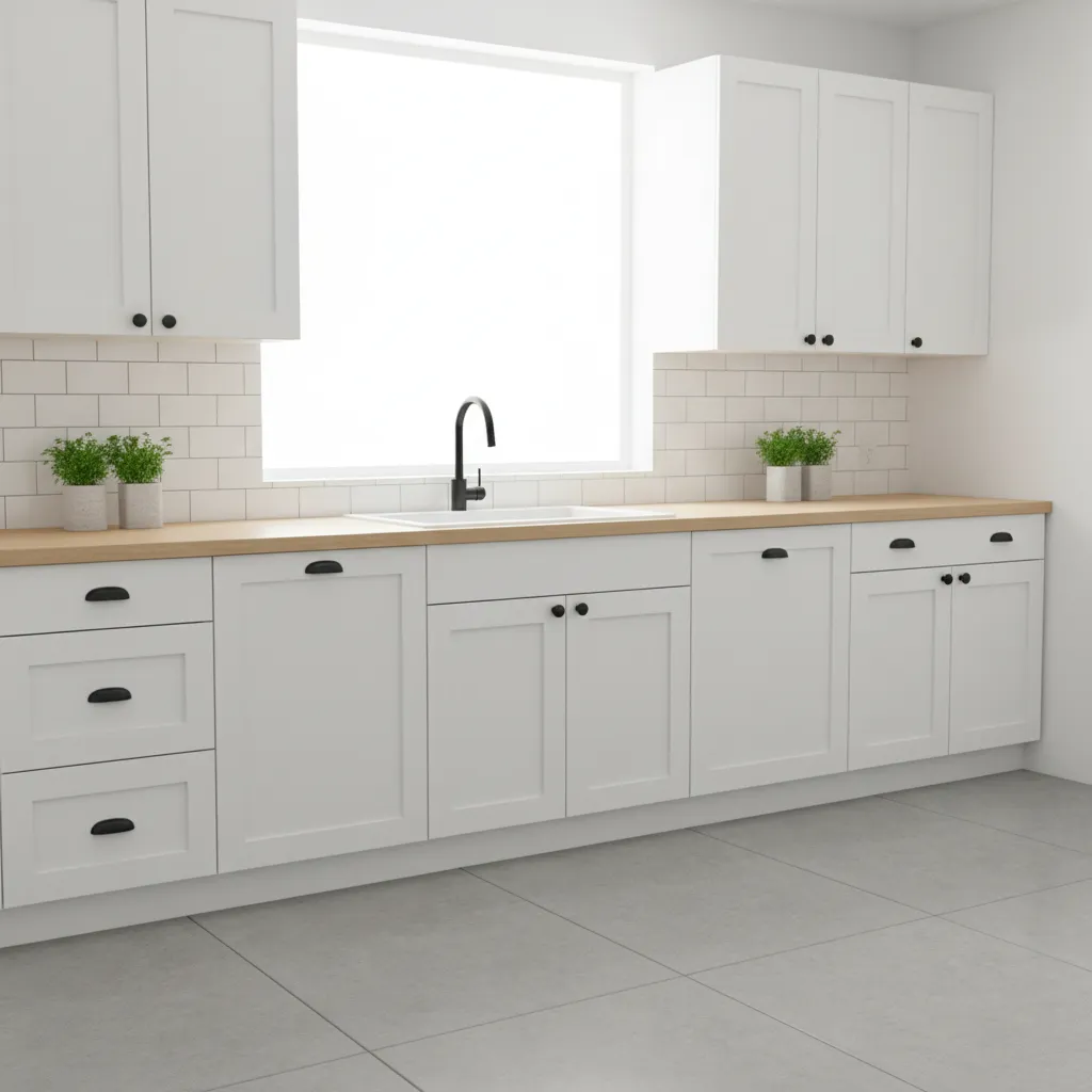 White kitchen cabinets with wooden countertop and white tile backsplash and sink under a window