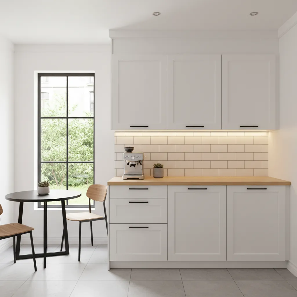 Small kitchen cabinets repainted with modern handles and under cabinet lighting
