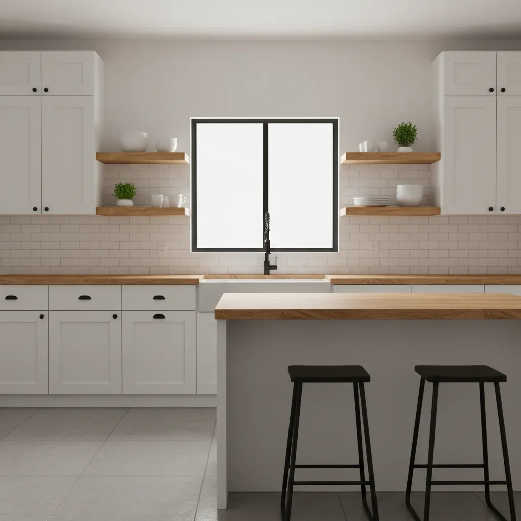 Budget kitchen with wood shelves light cabinets and contrasting materials
