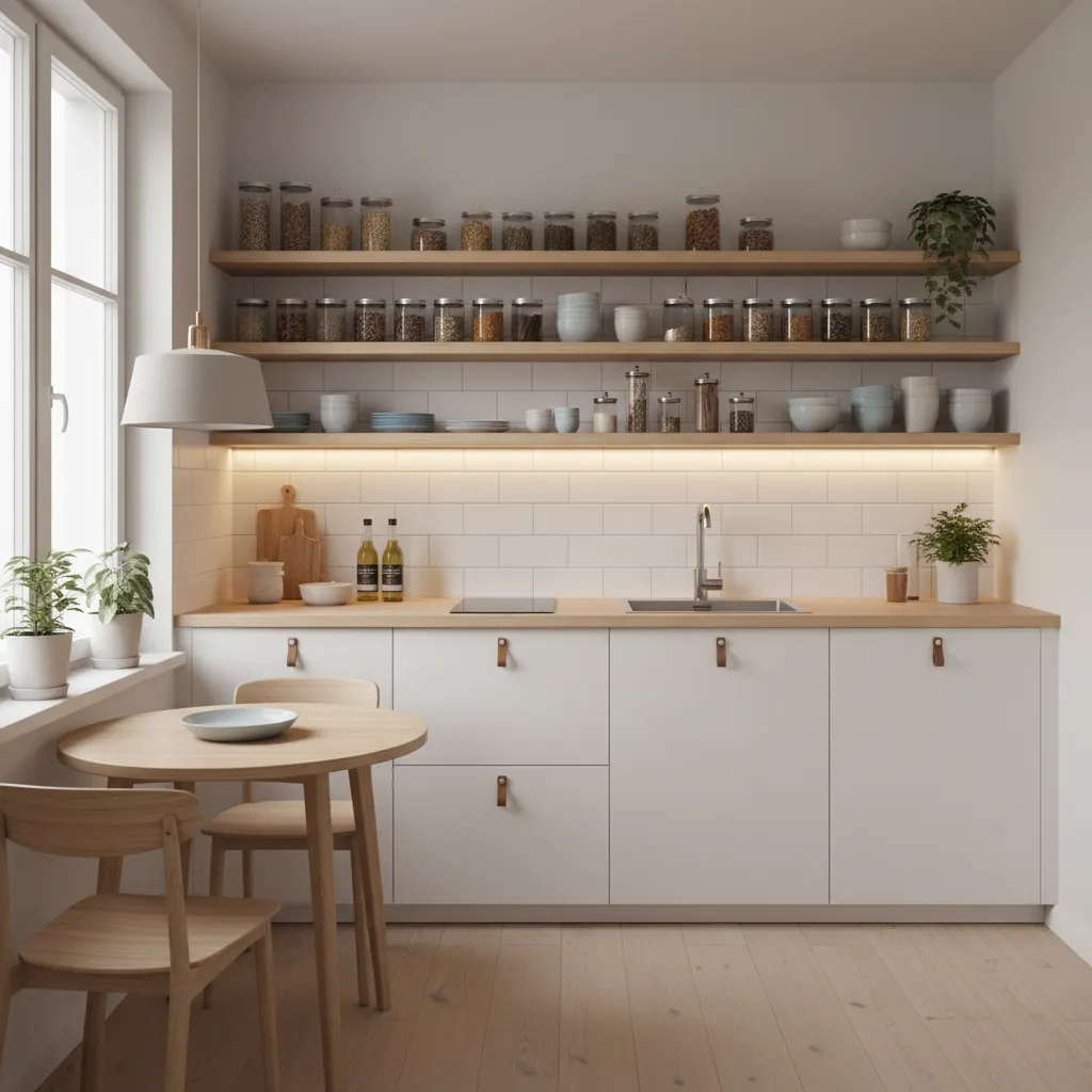 small kitchen with open shelves and organized storage