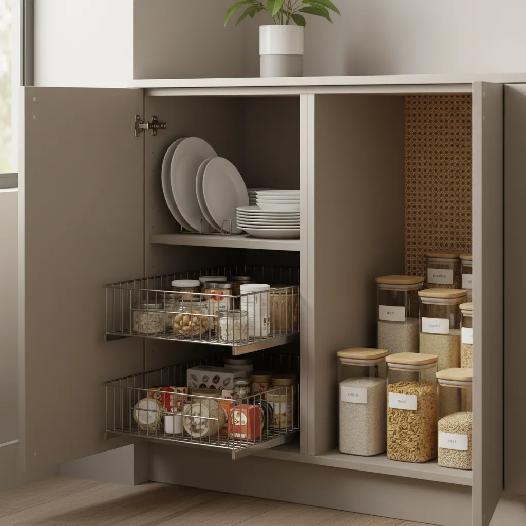 kitchen cabinet with shelf risers and pull out baskets for storage