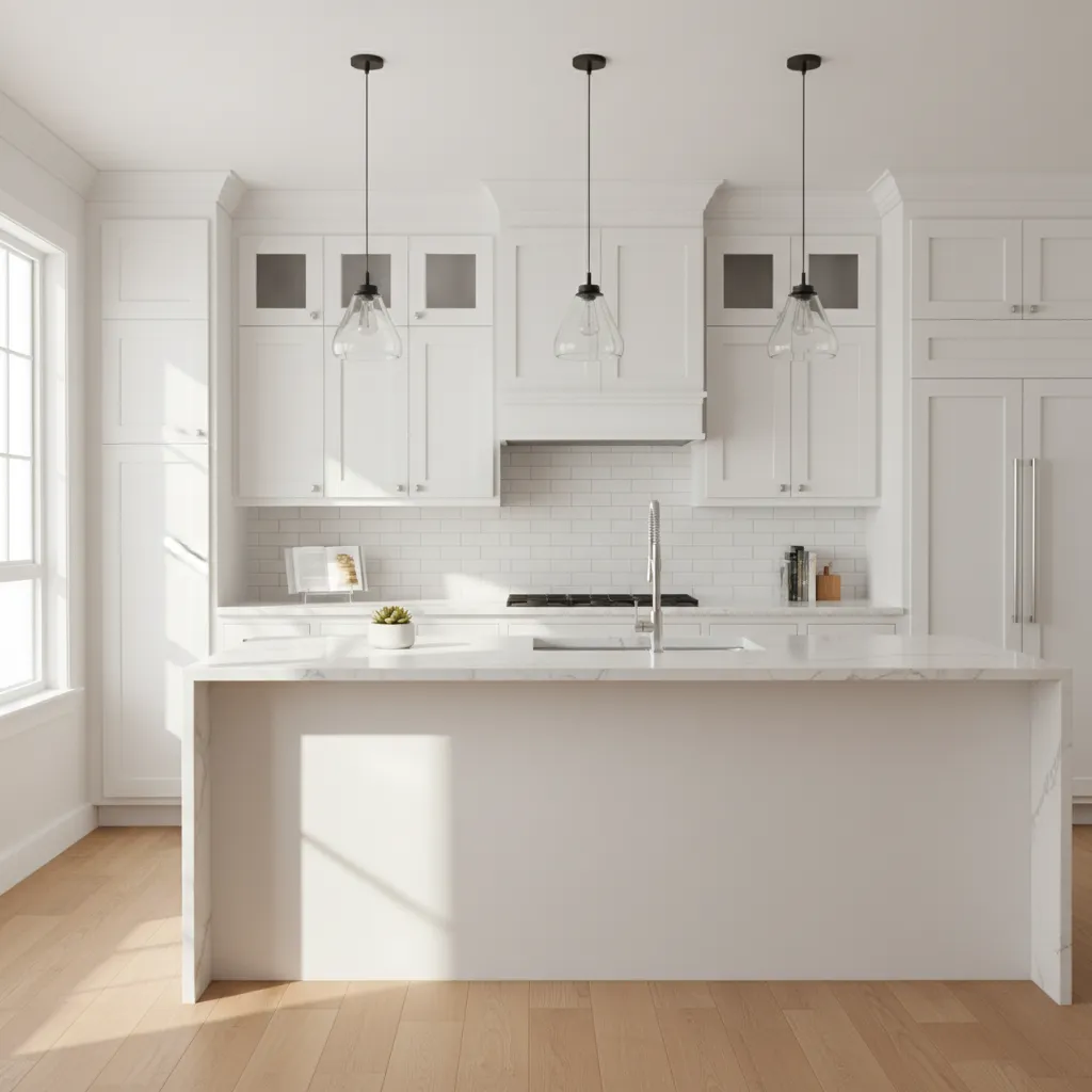 Completed budget kitchen remodel with new lighting backsplash and countertops